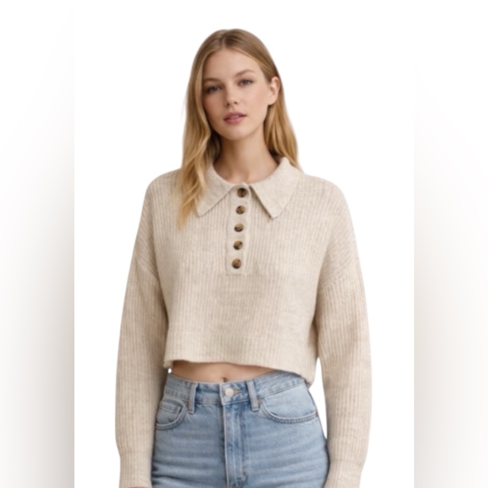 Elodie Cropped Knit Polo Sweater Beige Button Front XS